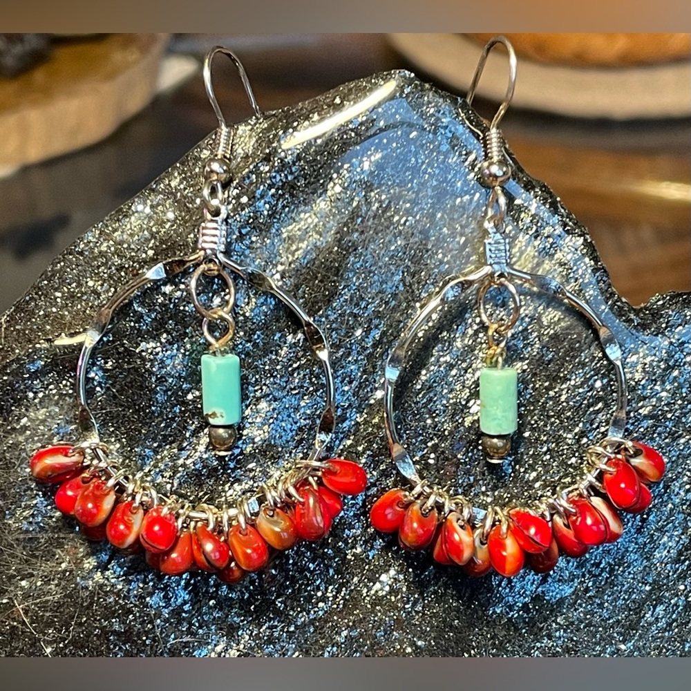 Turqoise and Red Beaded Handmade Earrings